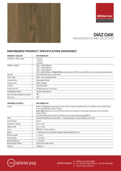 Renaissance Oak Diaz Plank Spec Sheet