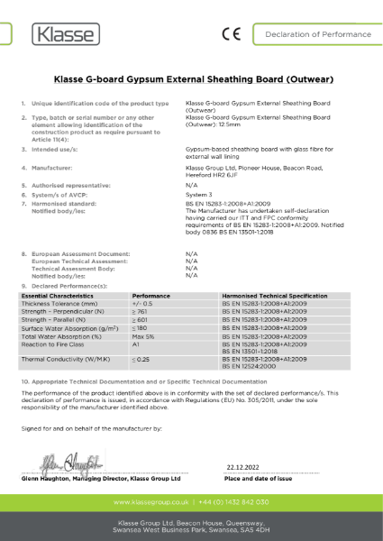 Klasse G-board Gypsum External Sheathing Board (Outwear) DoP