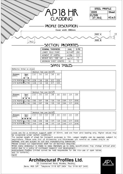 AP18HR - Steel - Cladding Data Sheet