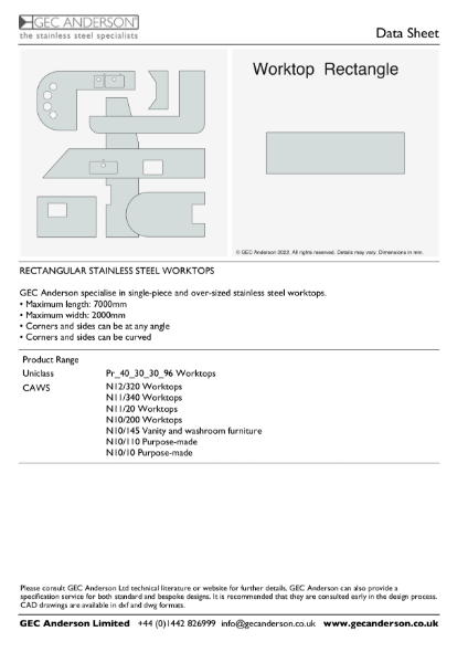 GEC Anderson Data Sheet -  Stainless Steel Worktops