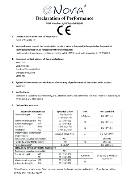 Novia UV Facade FR B-s1,d0 fire rated Breather Membrane Declaration of Performance