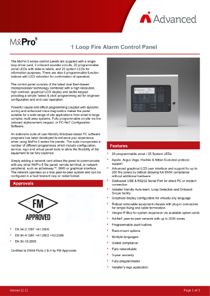 Datasheet - MxPro 5 Fire Alarm Control Panel 1 Loop