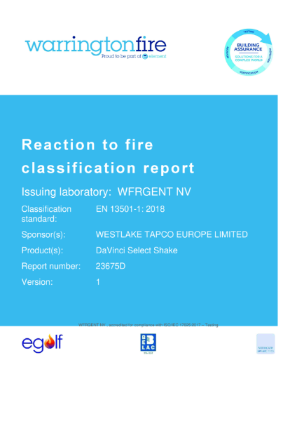 DaVinci Select Shake EN 13501-1 (Reaction to Fire) Classification Report