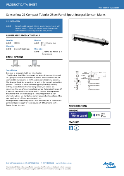 Sensorflow 21 compact 230mm wall mounted link spout A4849AA