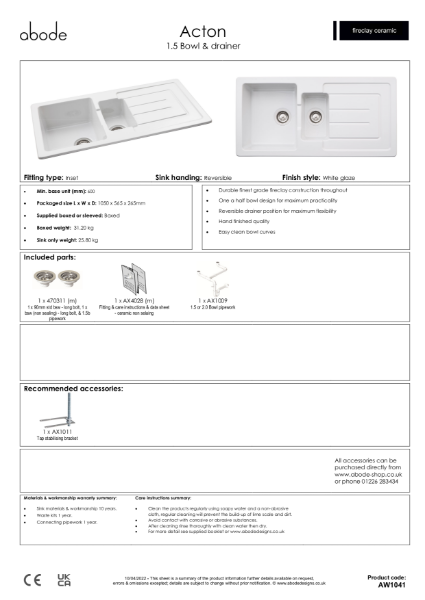 AW1041 Acton. Ceramic Inset Sink & Drainer (One and a Half Bowl) - Consumer Specification