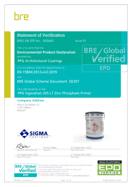 Environmental Product Declaration BREG EN EPD No: 000449 PPG Sigmafast 205 LT Zinc Phosphate Primer 