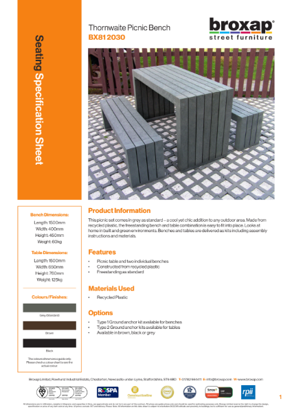Thornwaite Picnic Bench Specification Sheet