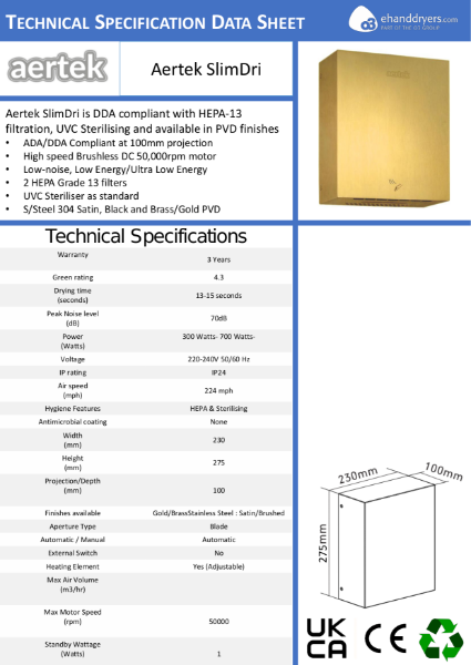 Aertek SlimDri SL03 - Technical Specification Data Sheet