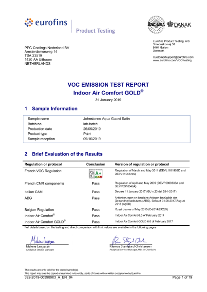 Johnstone's Trade Aqua Guard - Eurofins VOC Emission Test Report (Indoor Air Comfort GOLD)