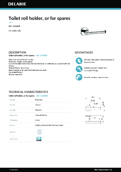 Wall-mounted toilet roll holder 510083P data sheet