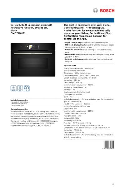 Series 8, Built-in compact oven with
microwave function, 60 x 45 cm,
Black
CMG778NB1