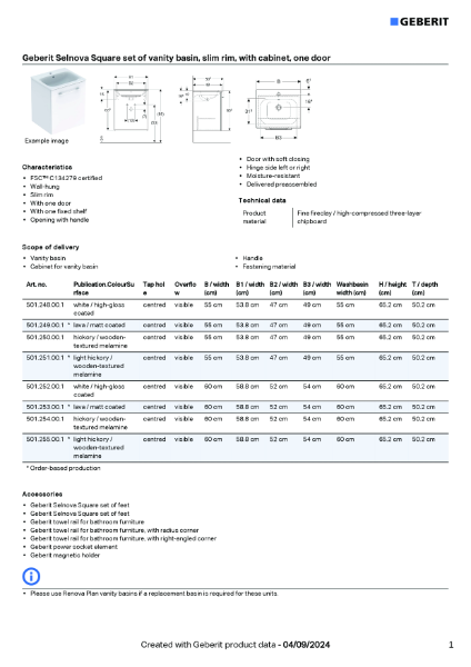 Geberit Selnova Square set of vanity basin, slim rim, with cabinet, one door - Data Sheet