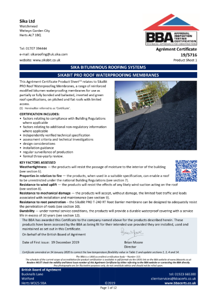 SikaBit Pro Roof Waterproofing Membranes BBA Certificate