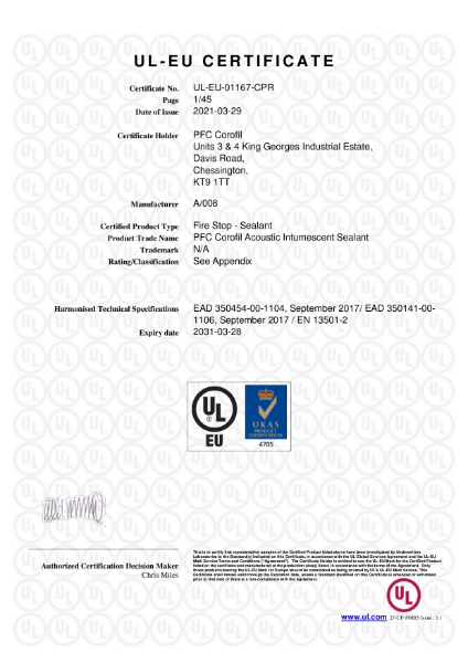 PFC Corofil Acoustic Intumescent Sealant CAIS - UL-EU Certificate: 01167-CPR