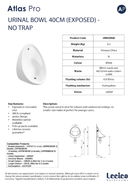 Atlas Pro Urinal Bowl 40cm (Exposed) - No Trap Data Sheet