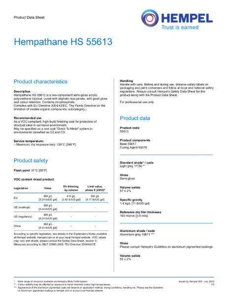 Hempathane 55613 - Polyurethane Semi Gloss Topcoat Datasheet