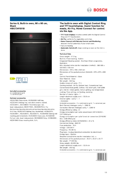 Series 8, Built-in oven, 60 x 60 cm,
Black
HBG7341B1B