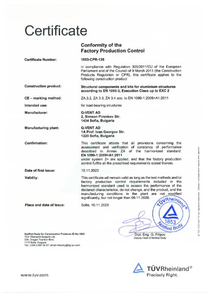 Certificate - Conformity of the Factory Production Control