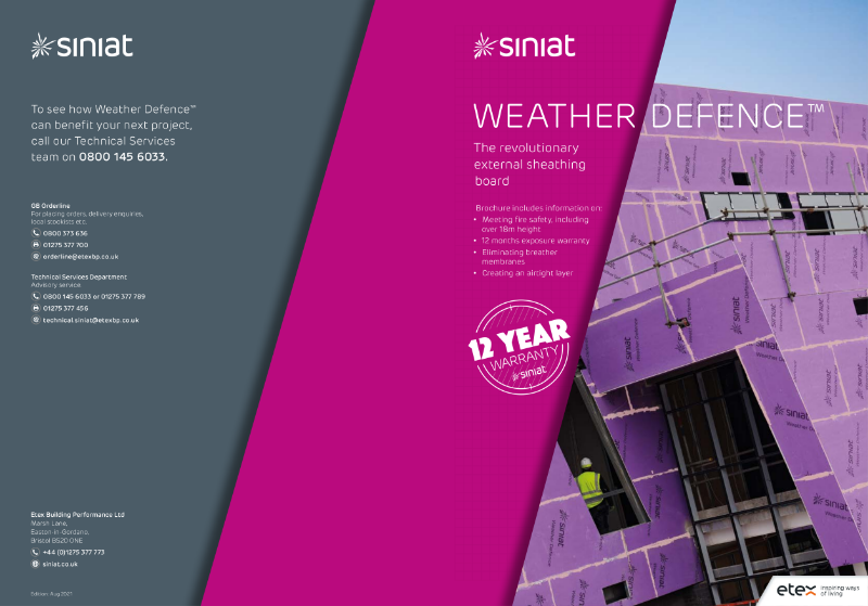 Siniat Weather Defence™  Brochure - The revolutionary external sheathing board with superior weather protection.