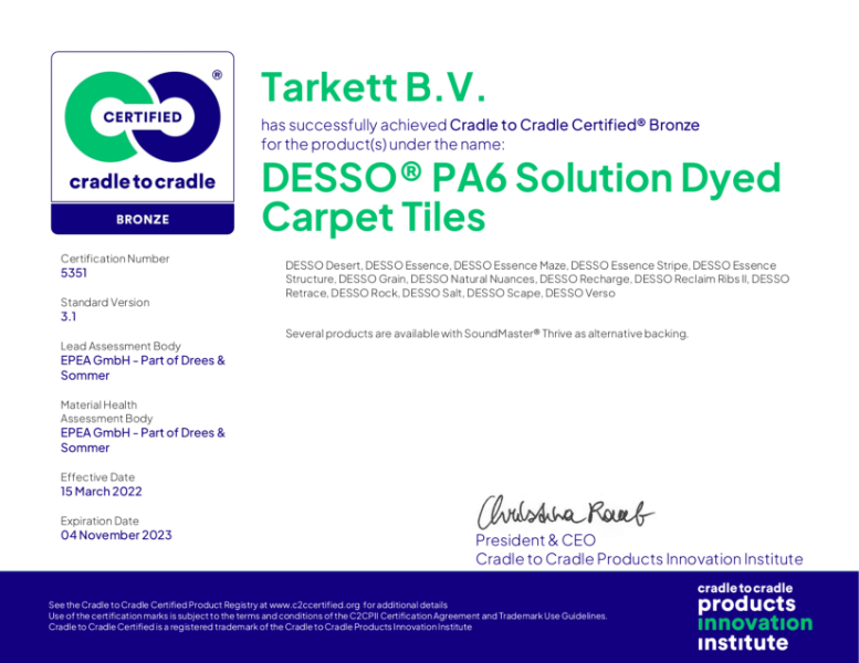 Tarkett Desso PA6 Carpet Tiles - Cradle to Cradle: Bronze - Nov 2023