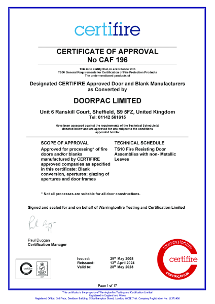 Doorpac CAF196 Certifire Certificate