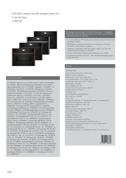 Compact 45cm ovens with Microwave Silver trim C29MS7KY0, Datasheet