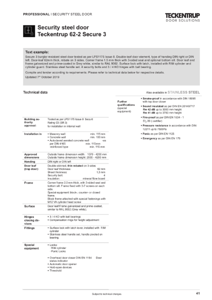 Security Steel Door LPS 1175 Issue 8 C5 (SR3) 62-2 Secure 3 (Technical Data)
