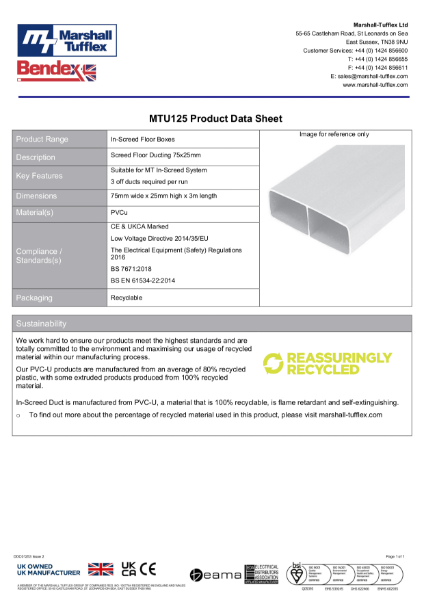 In-screed PVC-U Ducting MTU125 Product Data Sheet