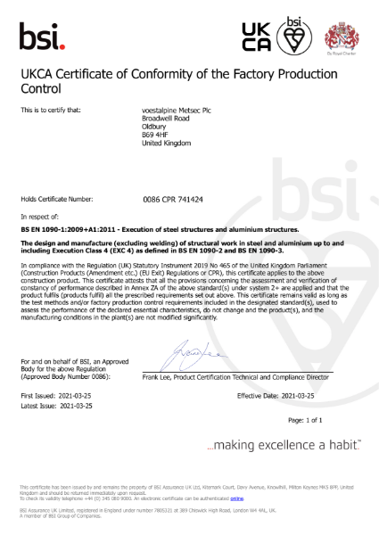 UKCA Certificate of Conformity of the Factory Production Control