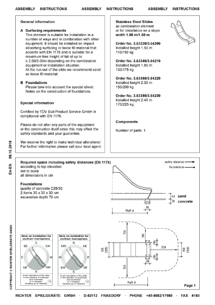 3.63320 - Stainless Steel Slide, Width 100 cm, Height 150 cm - Assembly Instructions