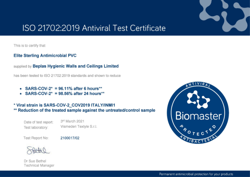 Beplas Elite Sterling Efficacy against SARS COV-2 Test Certificate