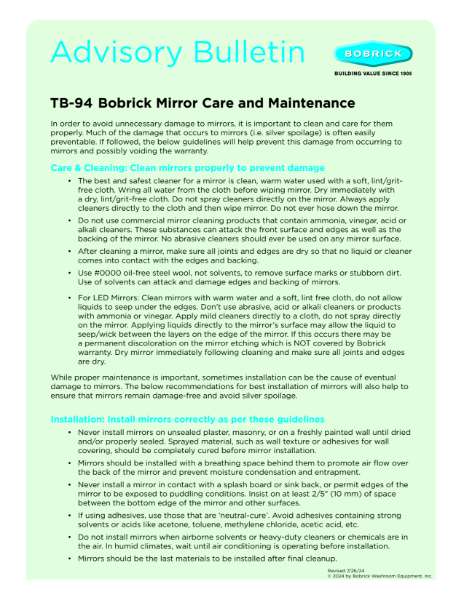 Advisory Bulletin TB-94 Bobrick Mirror Care and Maintenance