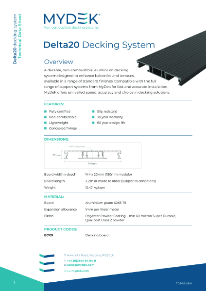 Data Sheet - MyDek Delta20 Aluminium non-combustible decking board