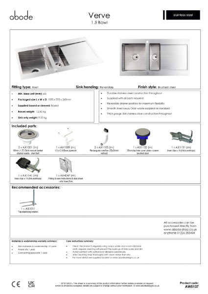 AW5137 Verve. Stainless Steel Inset Sink (One and a Half Bowl) - Consumer Spec