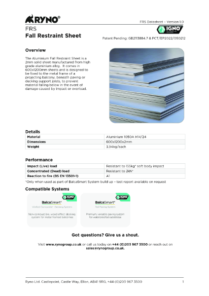 Datasheet FRS Fall Restraint Sheet V.1.0