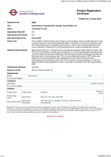 AATi certificate for product ref SN3 SL3 140 value engineered product