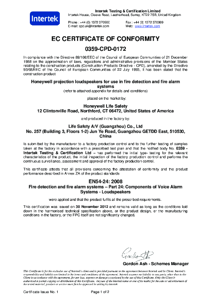 582473 EN54-24 Certificate of Conformity