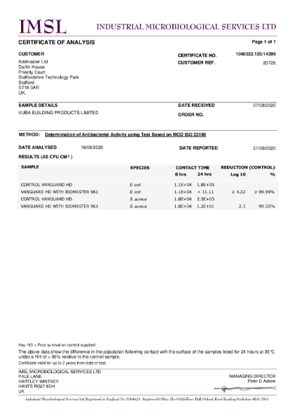 VanGuard FS Anti Microbial Cetficate