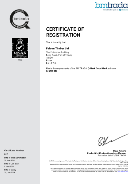 Falcon Panel Products Ltd  047 Certificate  Q Mark Door Blank
