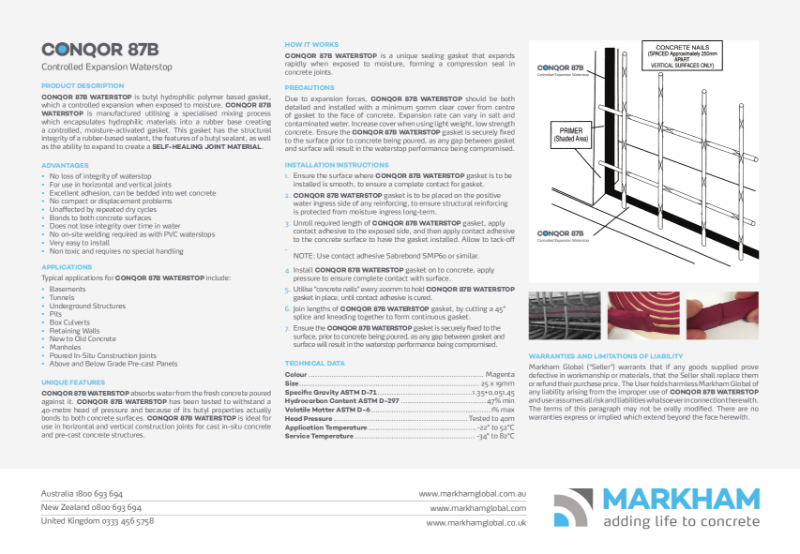CONQOR 87B Delayed Swellable Waterstop Gasket - Technical Data Sheet