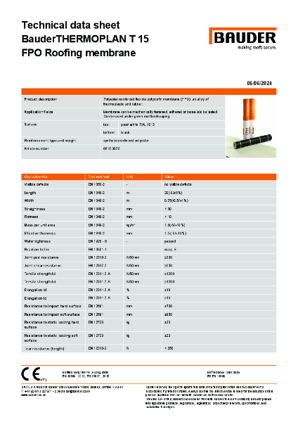 BauderTHERMOPLAN T15 FPO membrane (Pearl White, 0.75wide) - Technical Data Sheet
