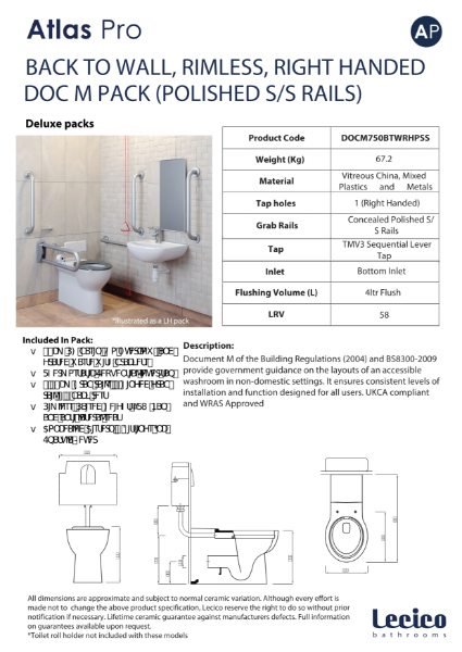 Atlas Pro Rimless DeLuxe Back to Wall DocM Pack Right Hand 40cm Basin Polished Stainless Steel Rails Data Sheet