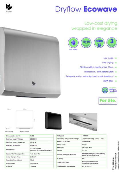 Hand Dryer Spec Sheet - Dryflow® EcoWave Carbon Neutral Hand Dryer With HEPA Filter