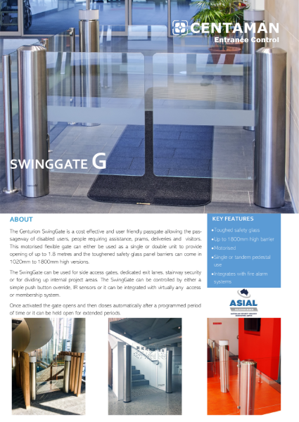 Centurion SwingGate G product data sheet.