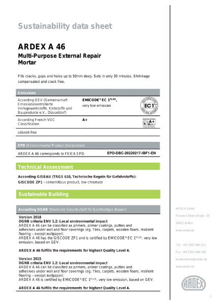 ARDEX A 46 Sustainability Data Sheet