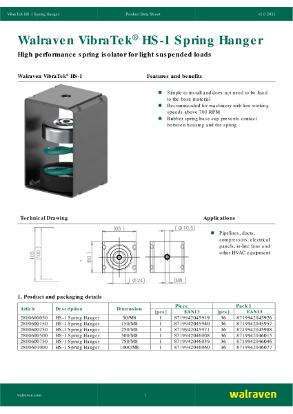 Walraven VibraTek® HS-1 Spring Hanger Data Sheet