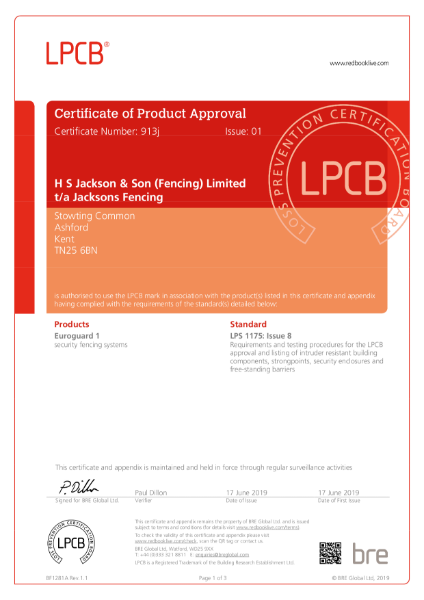 EuroGuard A1 (SR1) LPCB LPS 1175 Issue 8 Certificate