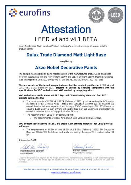 Dulux Trade Diamond Matt LEED Attestation