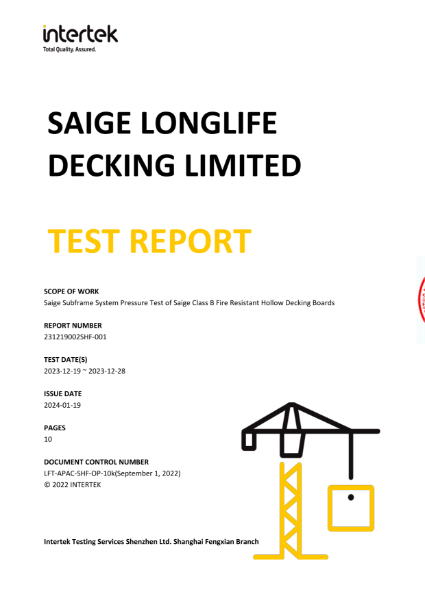 Saige Subframe Pressure Test of Saige Class B Fire Resistant Hollow Decking Boards