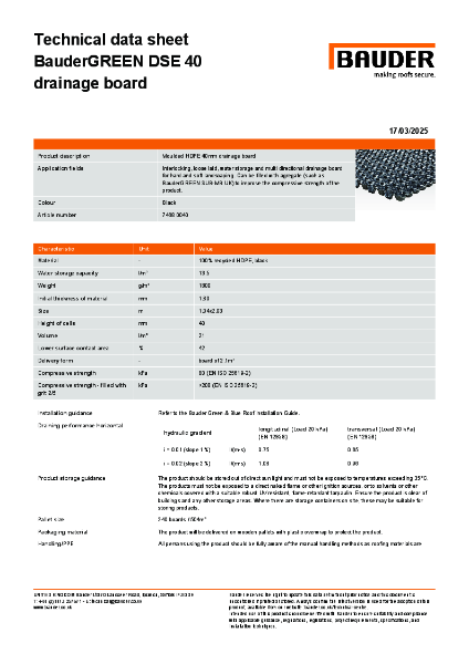 BauderGREEN DSE 40 Drainage Board - Technical data sheet